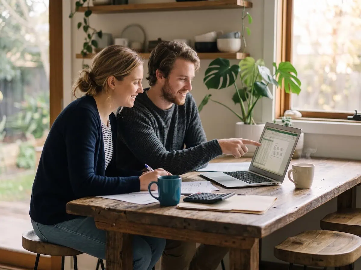 A couple reviewing a laptop with papers and a calculator at a kitchen table