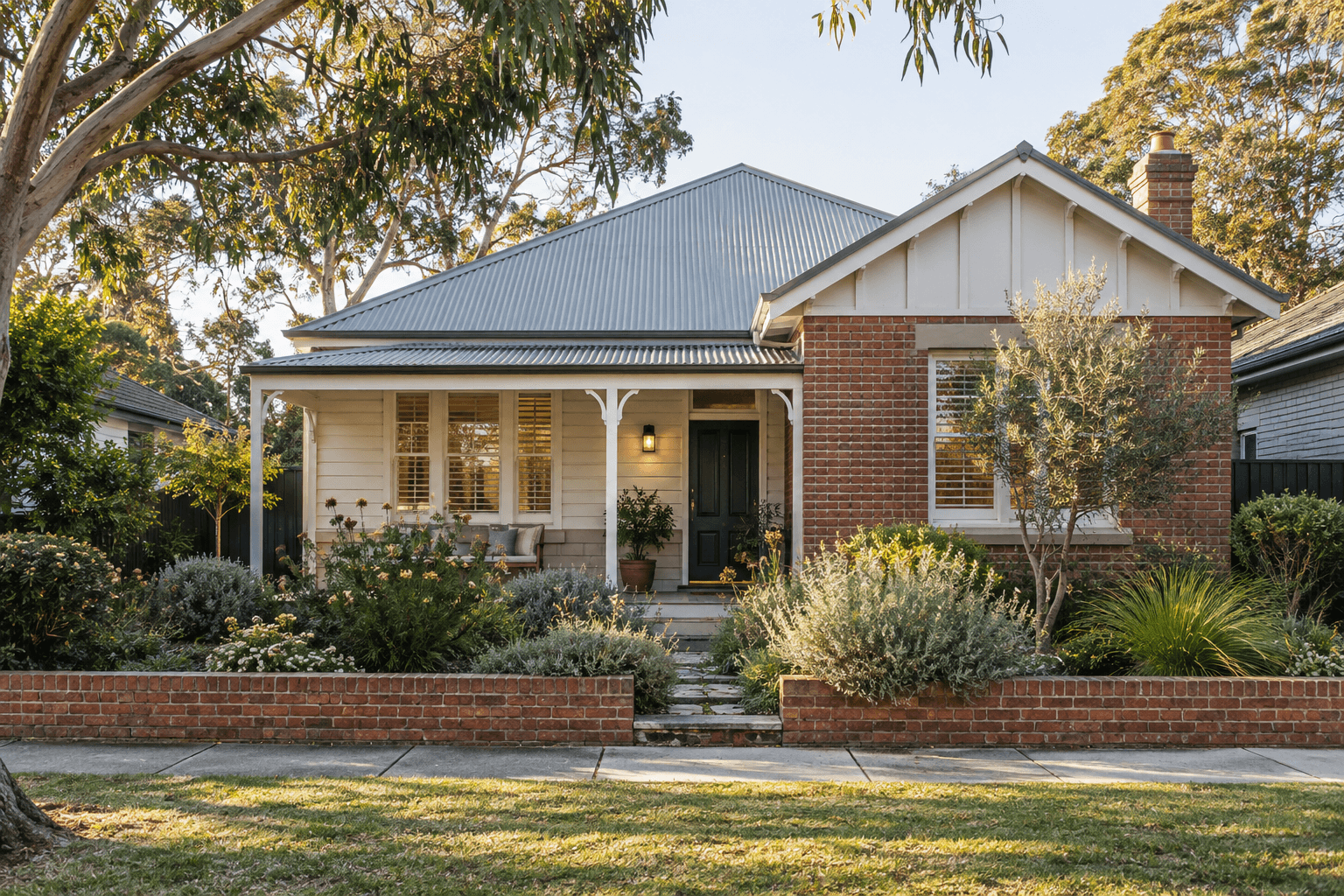 An Australian brick and weatherboard home with a leafy front garden