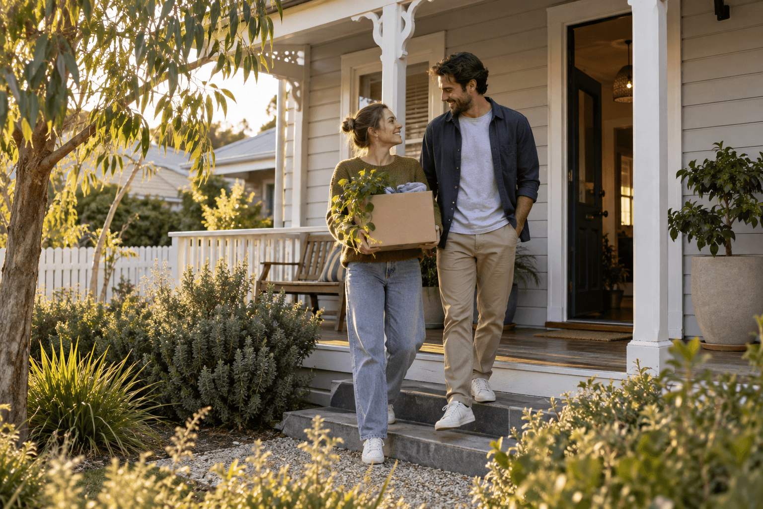 A couple carrying a moving box on the verandah of a weatherboard home
