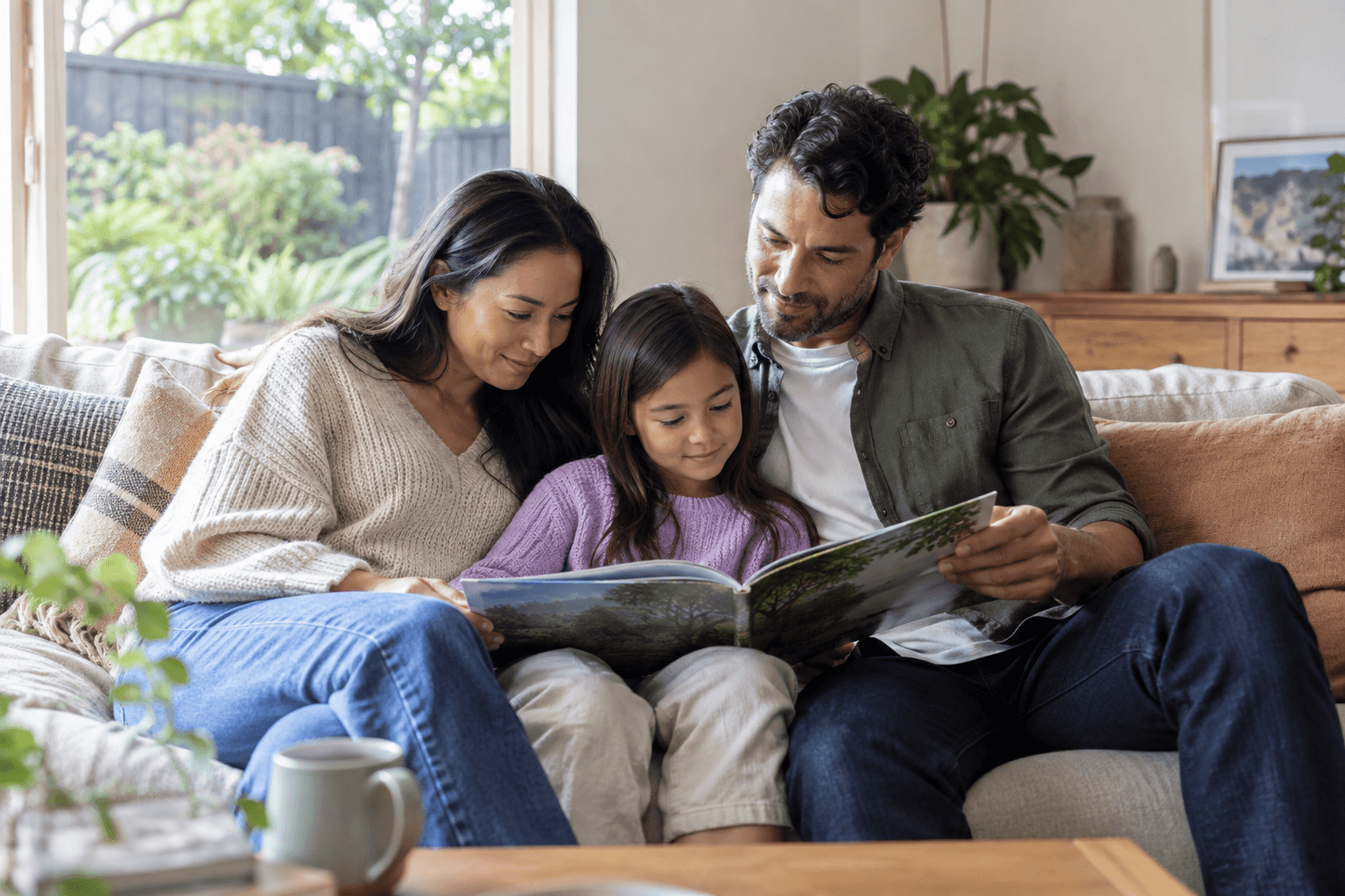 Parents and their child reading together on a sofa at home