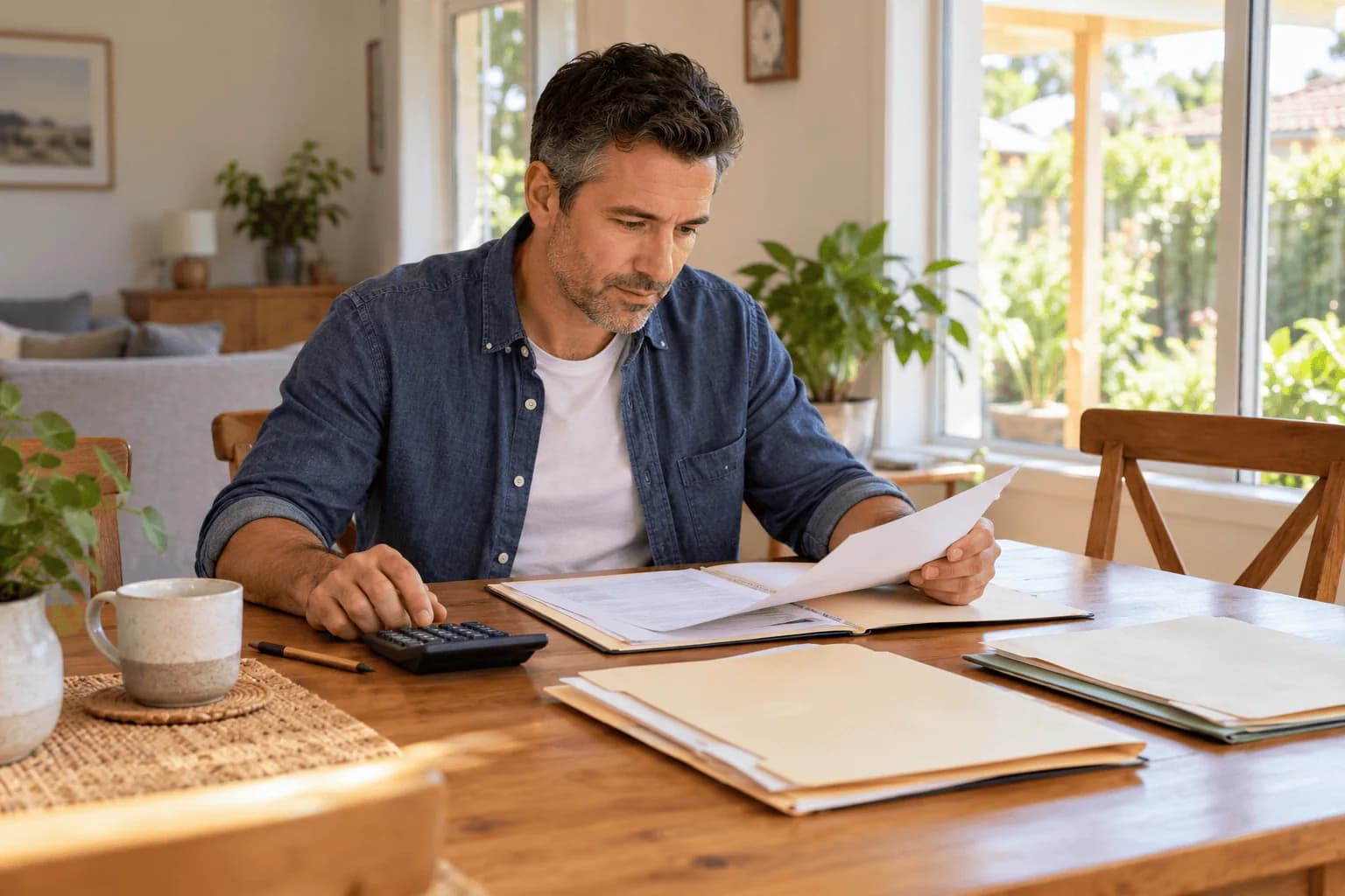 A man checking property paperwork with a calculator at home