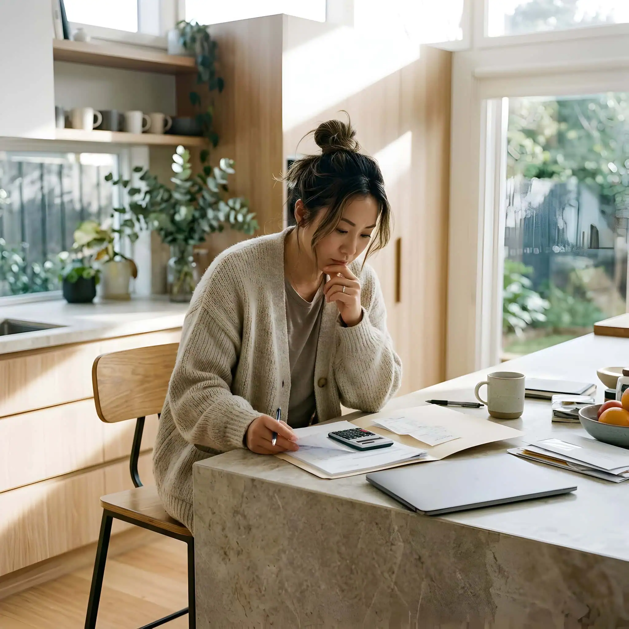 A woman reviewing statements and calculations at her kitchen bench